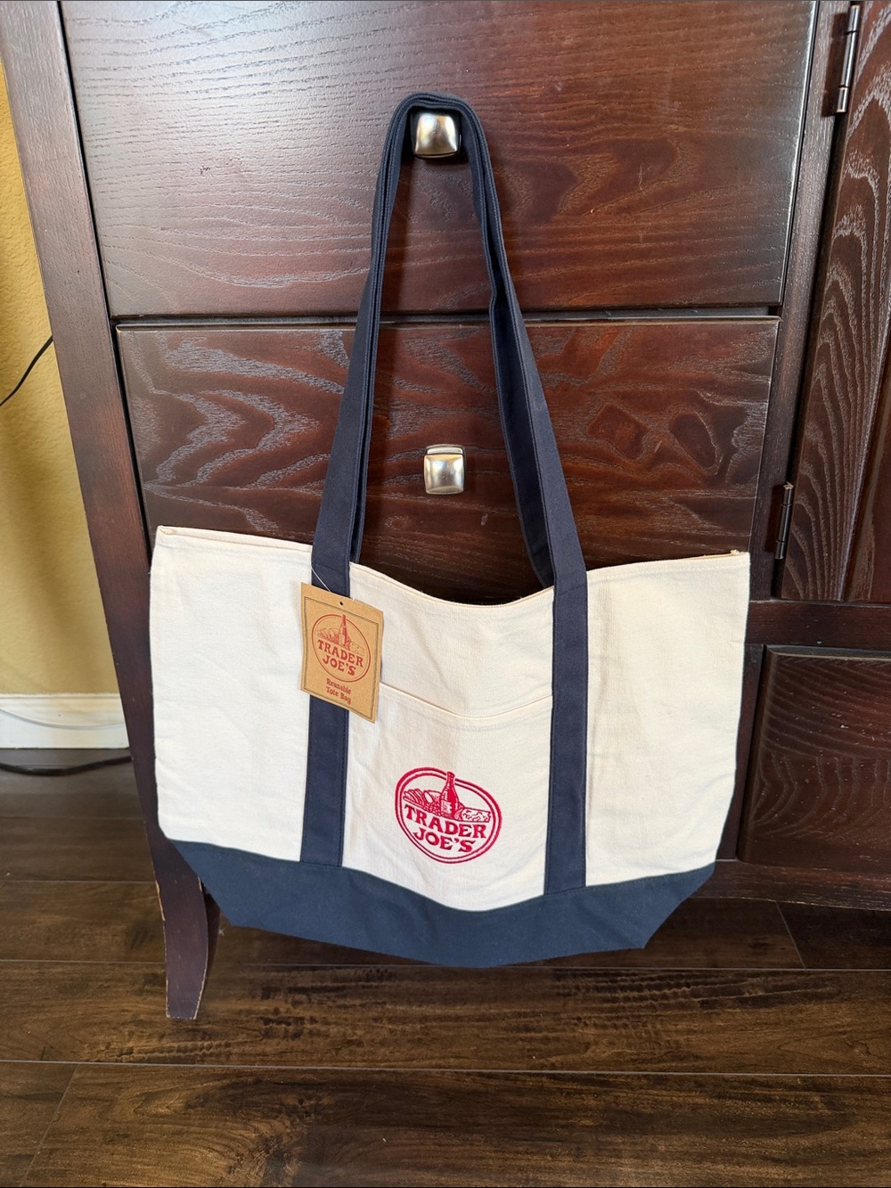 Trader Joe's Canvas Tote Bag in Cream and Navy